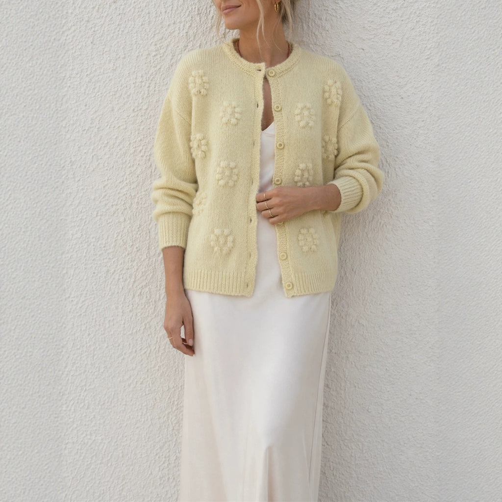 Retro Three Dimensional Small Floral Knitted Cardigan round Neck Button Autumn Sweater Cardigan
