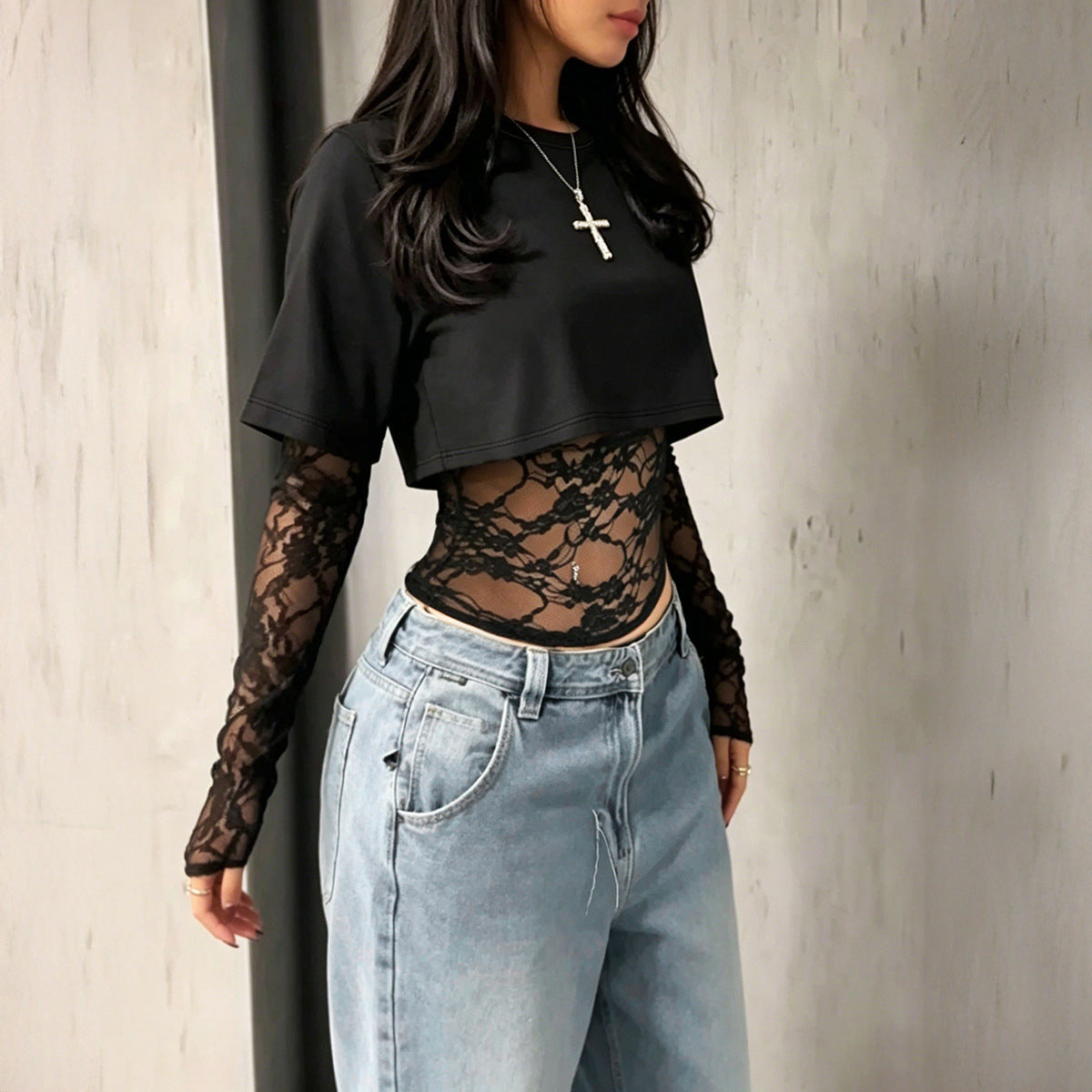 Women's Lace-Trim Long Sleeve Top