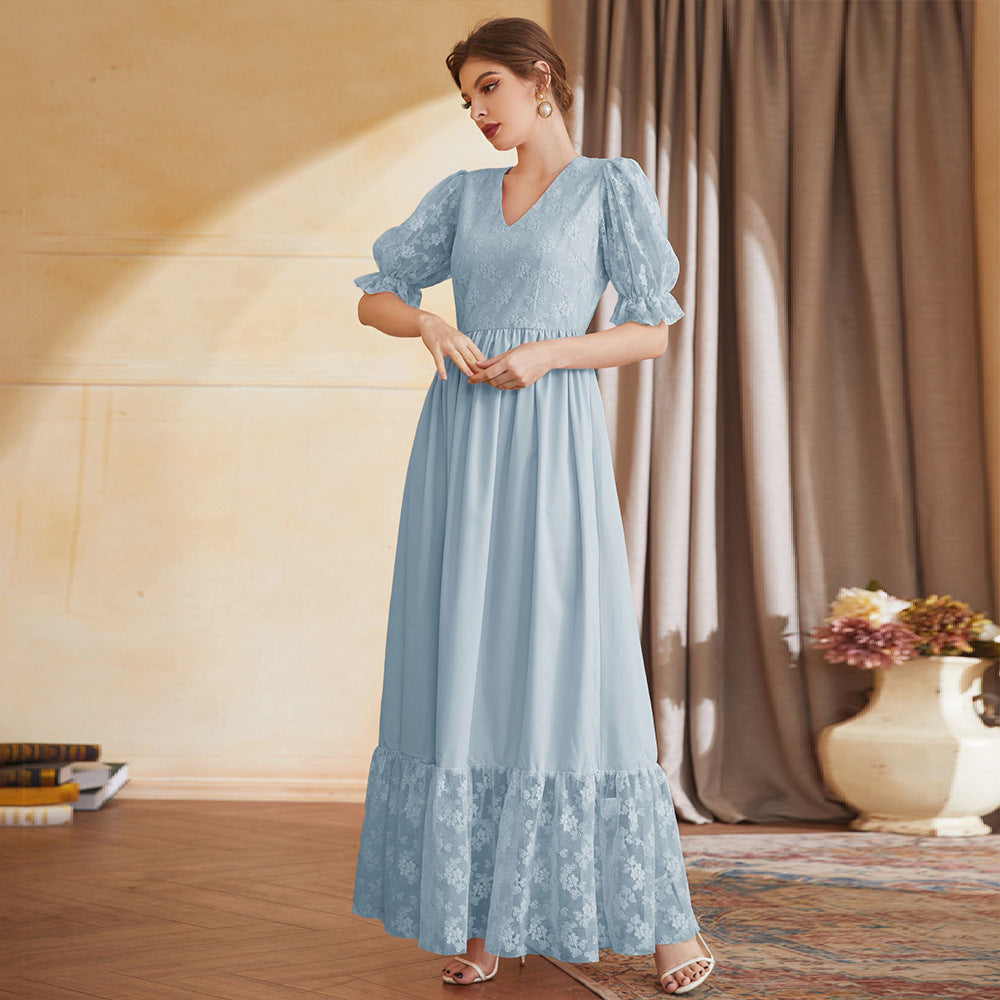 Women's Short Sleeve Dress Lantern Sleeve V Neck High Waist Embroidered Mesh Maxi Dress