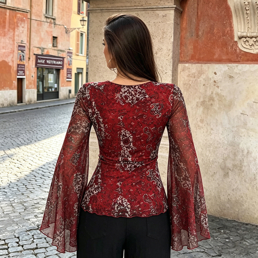 Bohemian Vacation Mesh V neck Flared Sleeves Top Ethnic