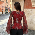 Bohemian Vacation Mesh V neck Flared Sleeves Top Ethnic