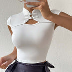 Women’s White Stand Collar Cutout Short Sleeve Top