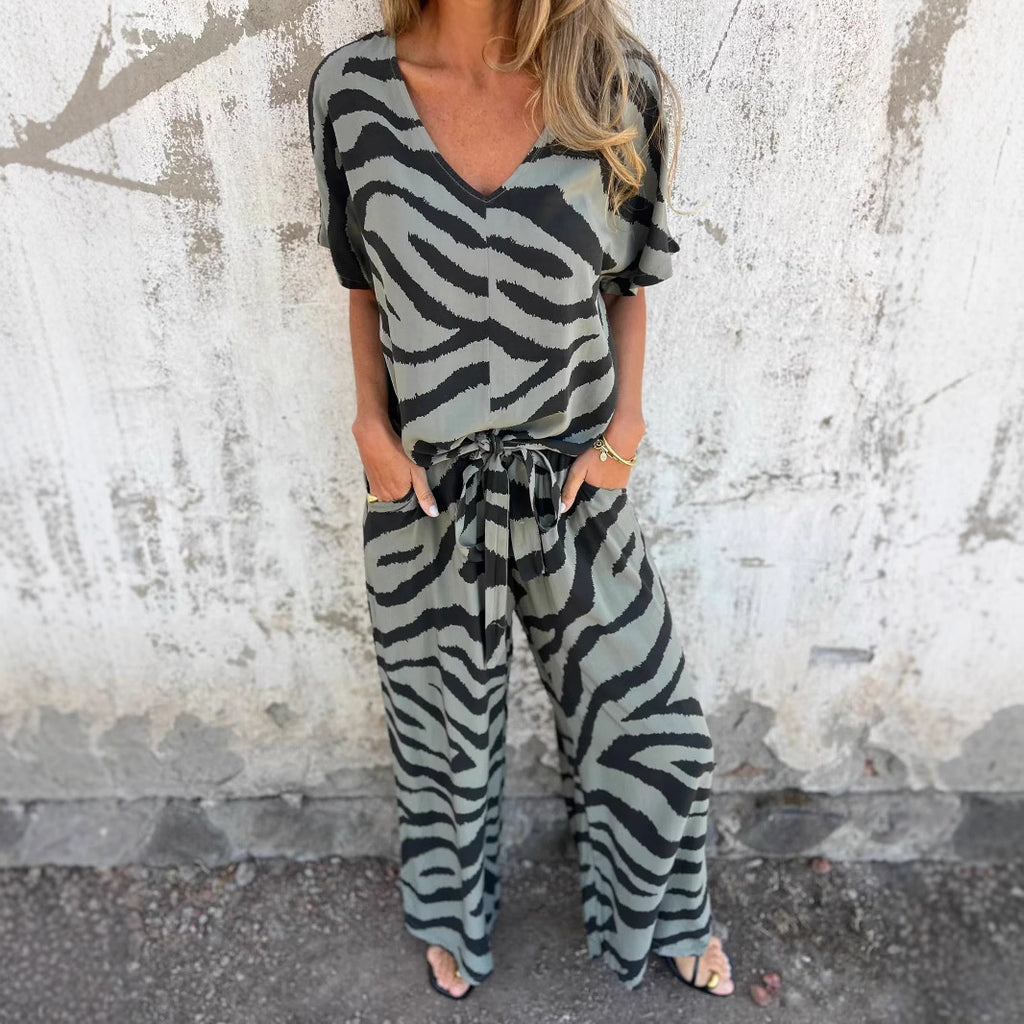 Women's Spring Summer Zebra Pattern V-Neck Lace Up Top Wide Leg Pants
