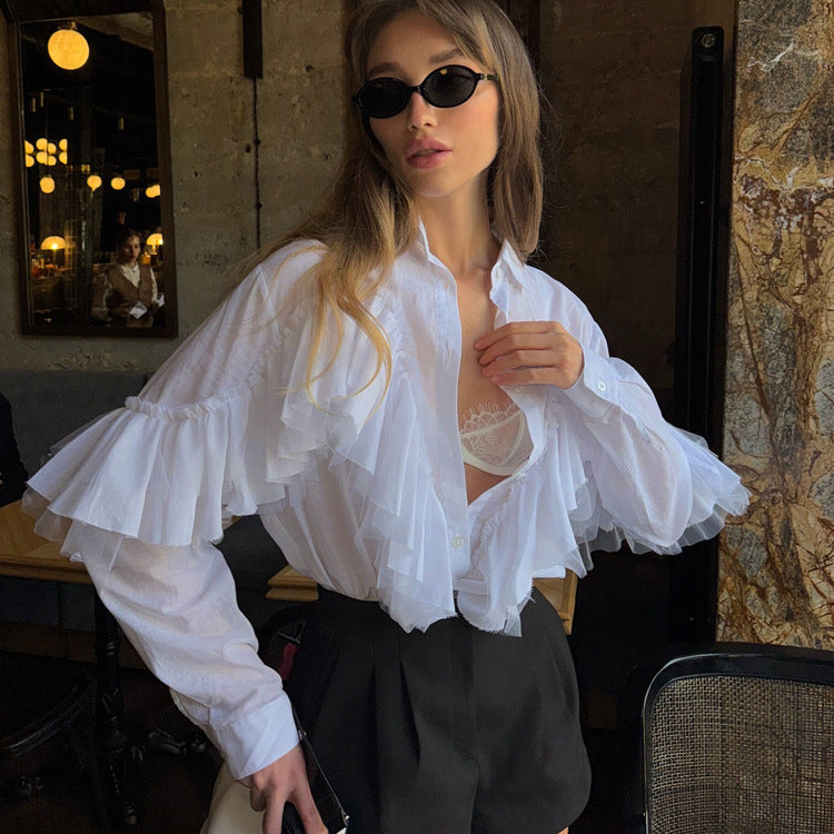 Women's French Design Ruffled White Shirt Women Autumn Polo Collar Long Sleeve Office All Match Top