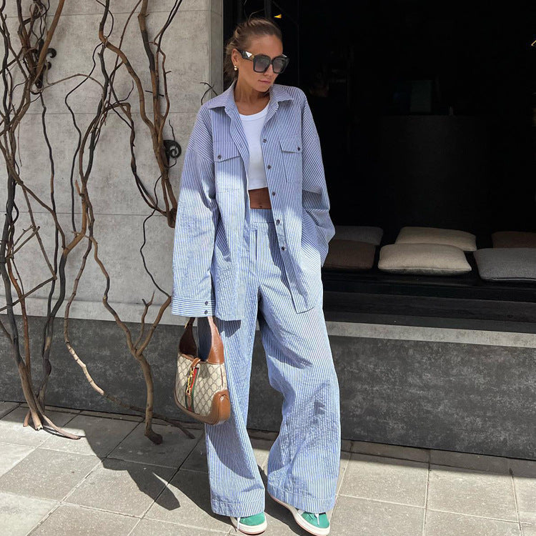Striped Shirt & Wide-Leg Pants Set
