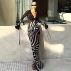 Women's Printed Mesh V-Neck Long Sleeve Maxi Dress