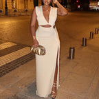 Women's V-Neck Asymmetric Cutout Ruched Split Maxi Dress