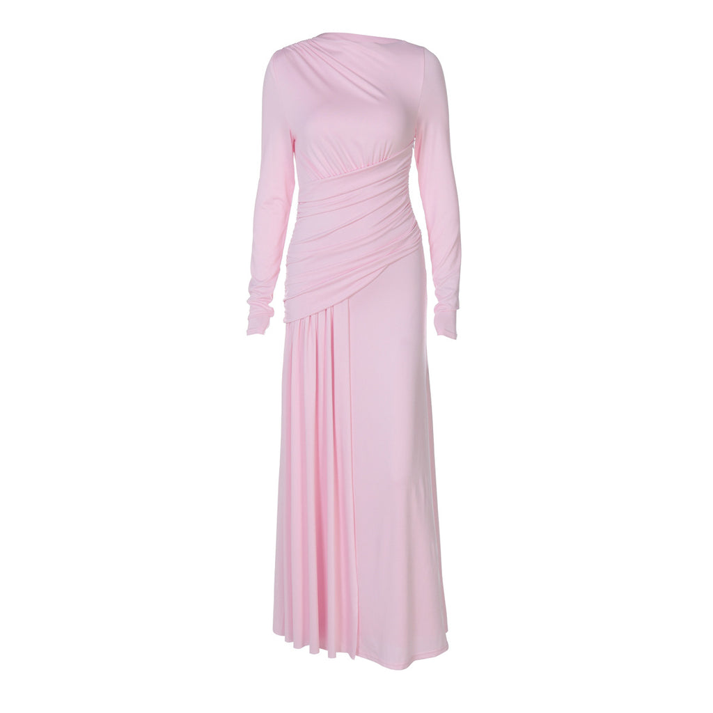 Women's Summer Elegant Slim Pleated Zipper round Neck Long Sleeved Dress
