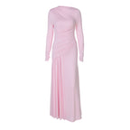 Women's Summer Elegant Slim Pleated Zipper round Neck Long Sleeved Dress
