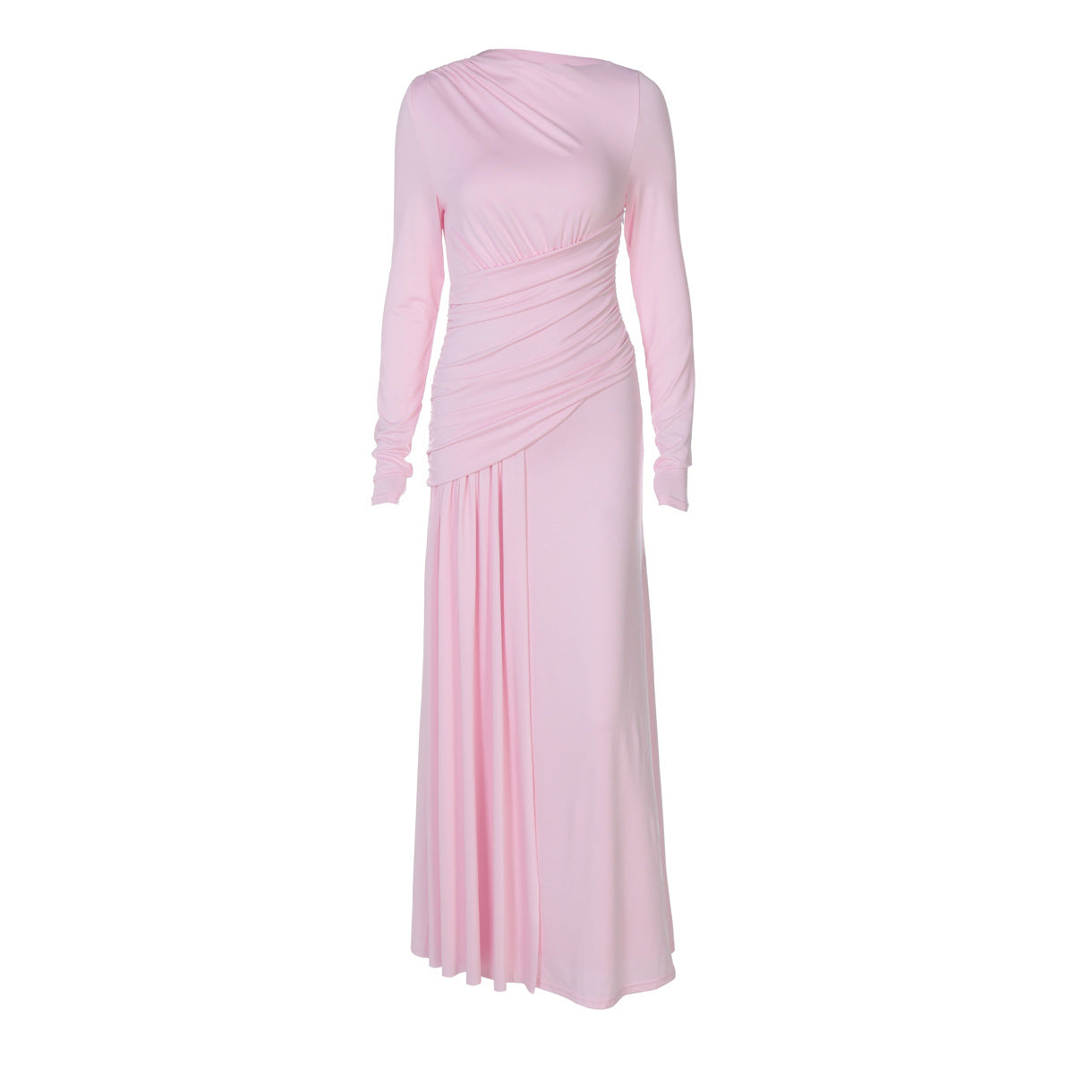 Women's Summer Elegant Slim Pleated Zipper round Neck Long Sleeved Dress