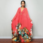 Coral red beach dress one-piece swimwear with colorful animal-print hem and loose sleeves