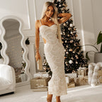 Sequin Bead Strappy Long Dinner Dress Party Split