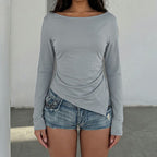 Women’s Gray Draped Off Shoulder Long Sleeve Top