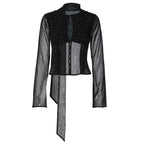 Polka Dot Chiffon Stitching Long Sleeve Ribbon Top Button Cardigan