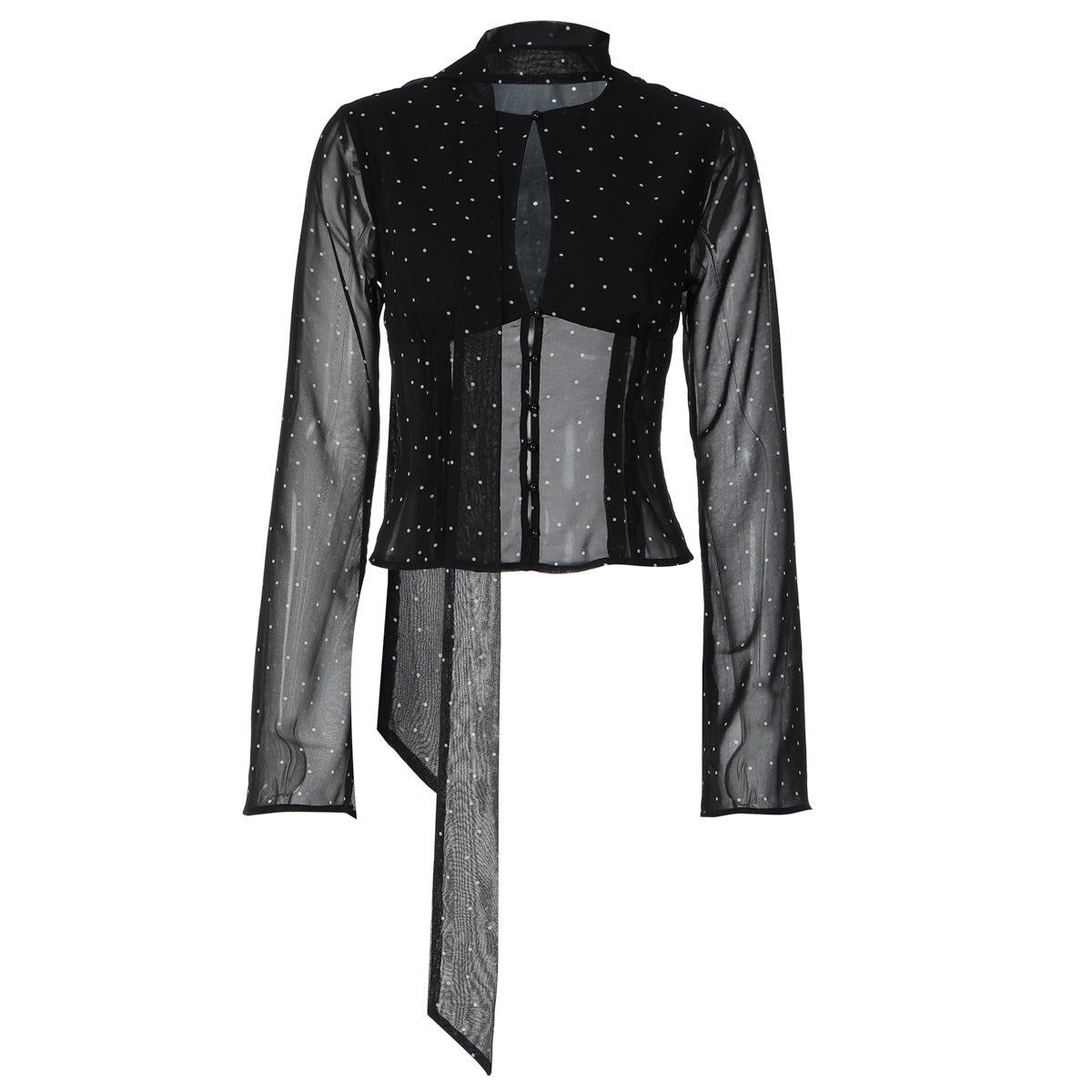 Polka Dot Chiffon Stitching Long Sleeve Ribbon Top Button Cardigan