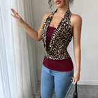 Fashionable Elegant Halter Swing Collar Leopard Print Vest Slim Fit Backless Sleeveless Top