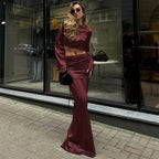 Long Sleeves Cropped Top Satin Draping Skirt