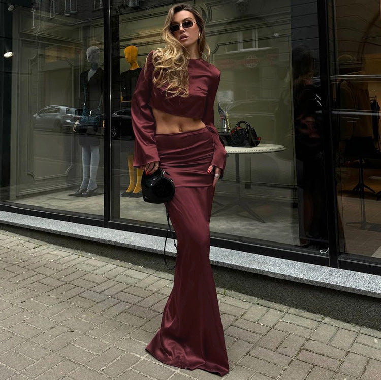 Long Sleeves Cropped Top Satin Draping Skirt