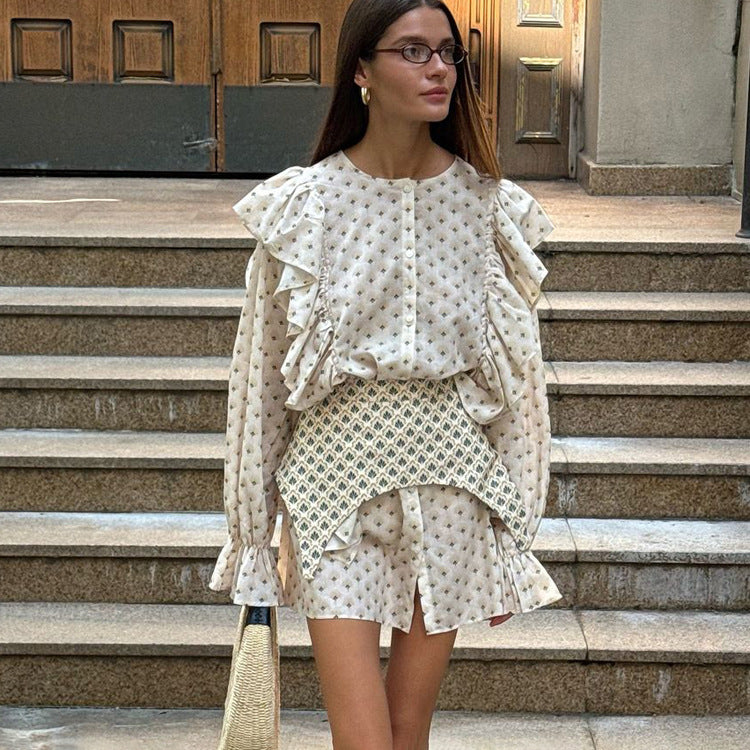 Round Neck Ruffled Bell Sleeve Shirt Dress