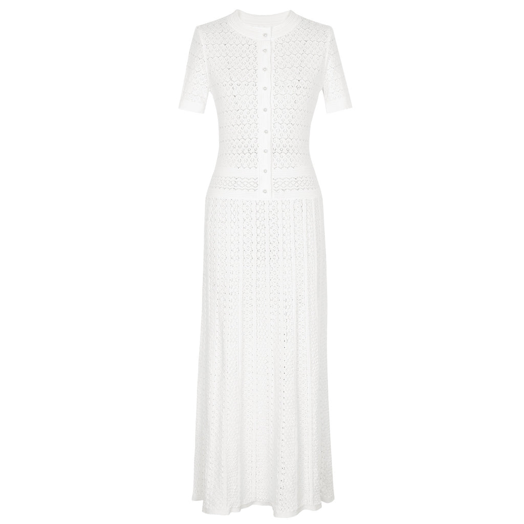 White maxi silk dress, short-sleeve button-front with textured lace-like pattern