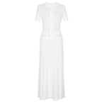 White maxi silk dress, short-sleeve button-front with textured lace-like pattern