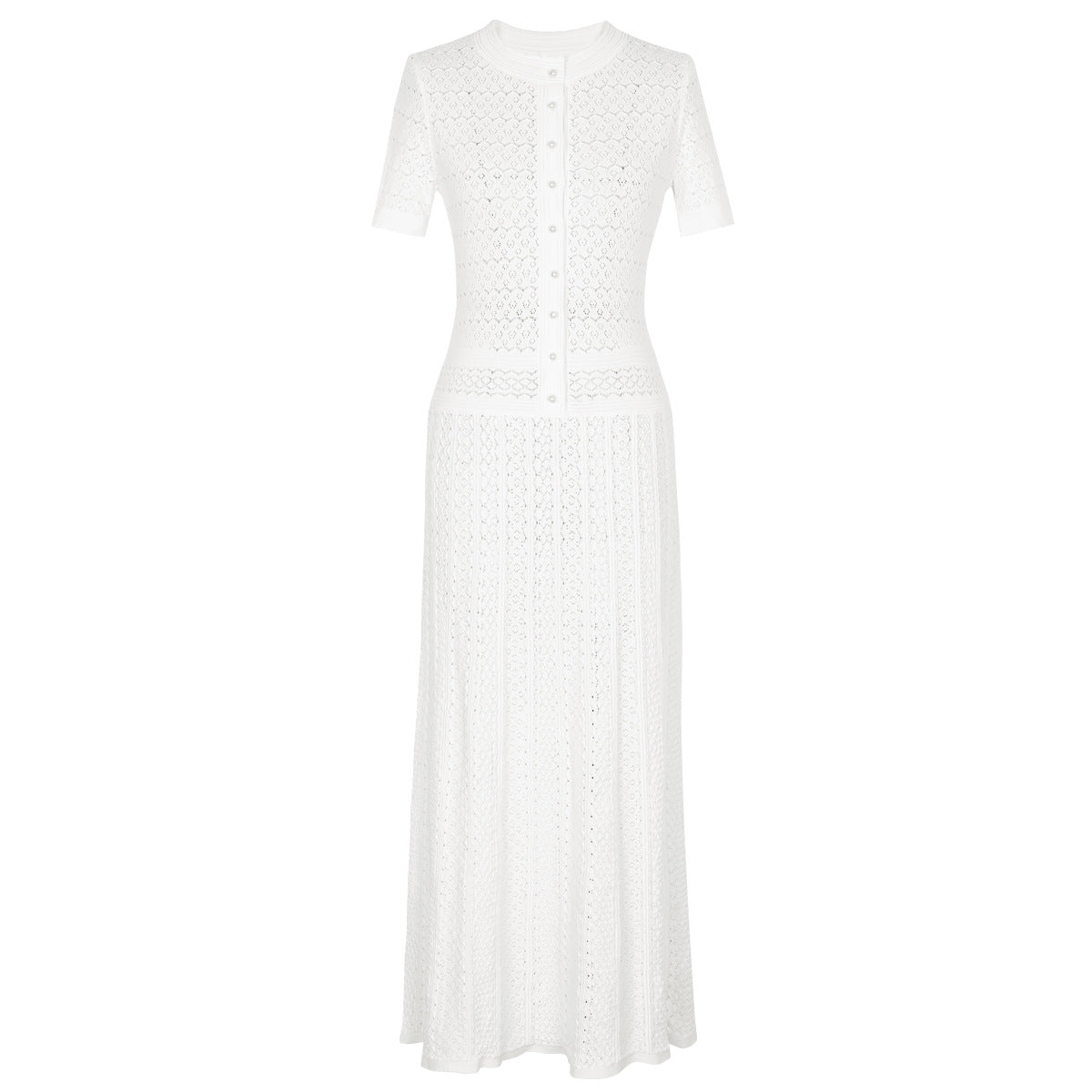 White maxi silk dress, short-sleeve button-front with textured lace-like pattern