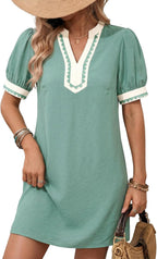 Matcha green short sleeve dress with V-neck and white scalloped edging, puff sleeves