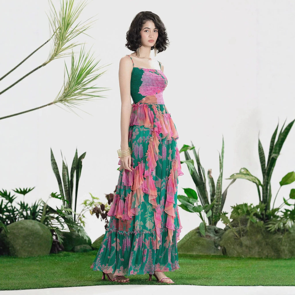 Women's Floral Print Pleated Maxi Dress