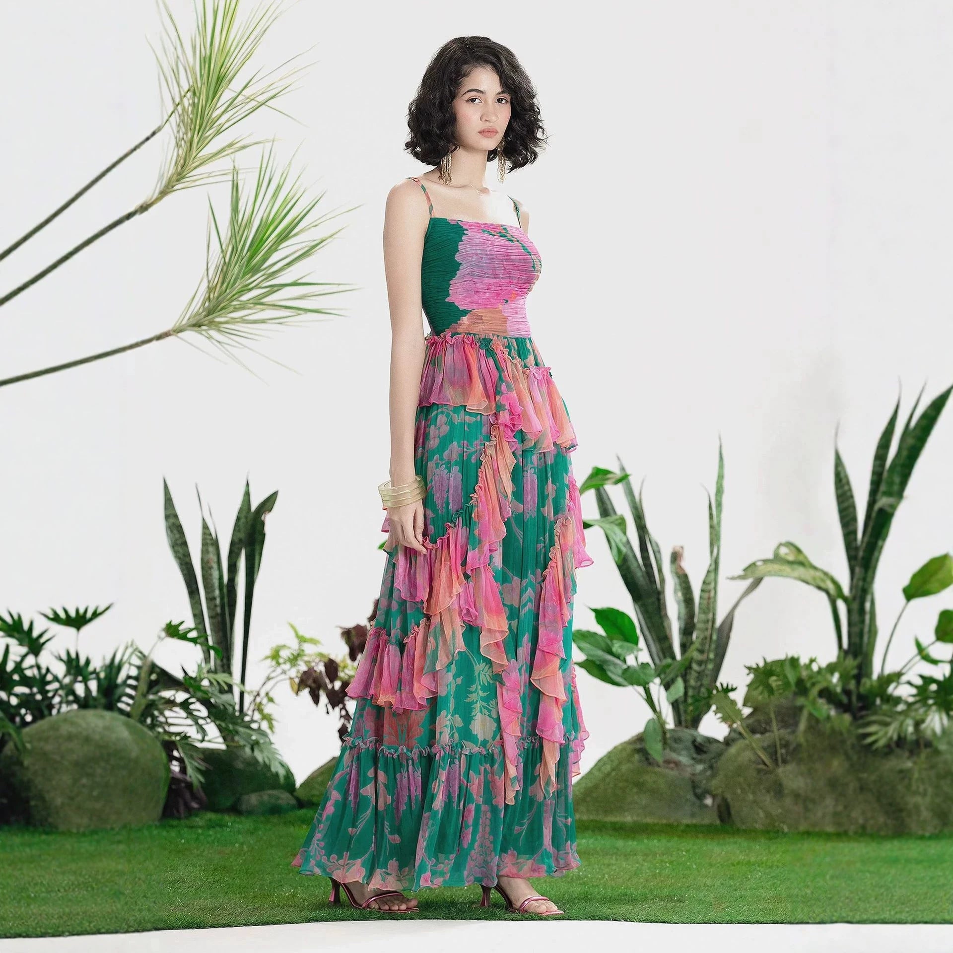 Women's Floral Print Pleated Maxi Dress
