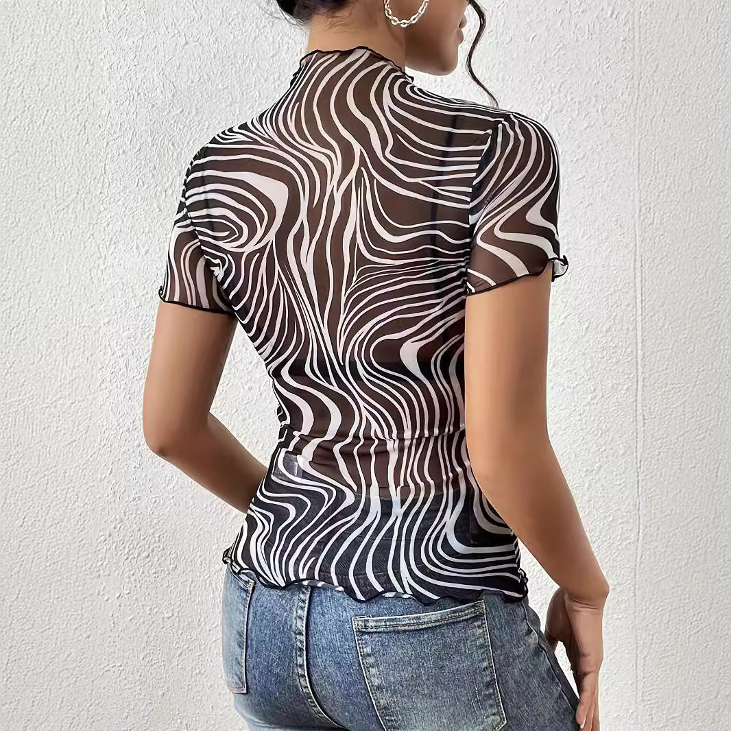 Floral Print Striped Mesh Short Sleeve Top