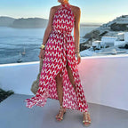 Printed Halter-Neck Split Midi Dress