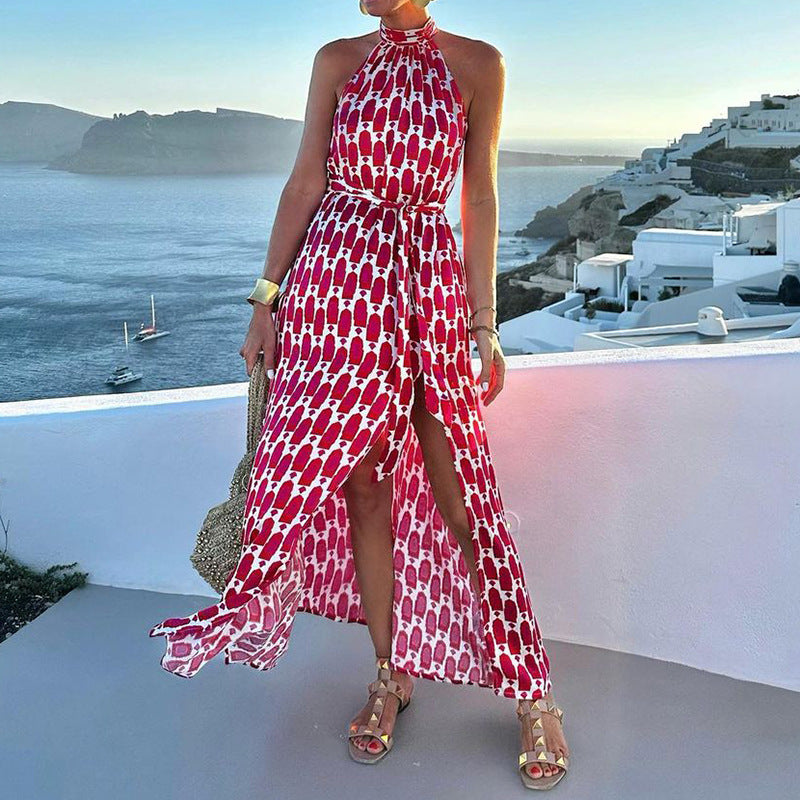 Printed Halter-Neck Split Midi Dress