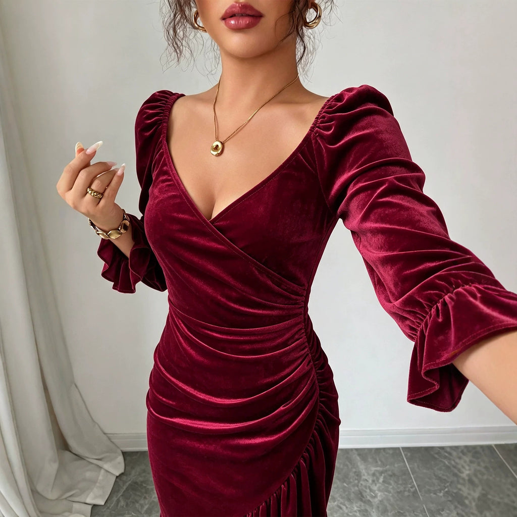 Women's Velvet V-Neck Fishtail Midi Dress