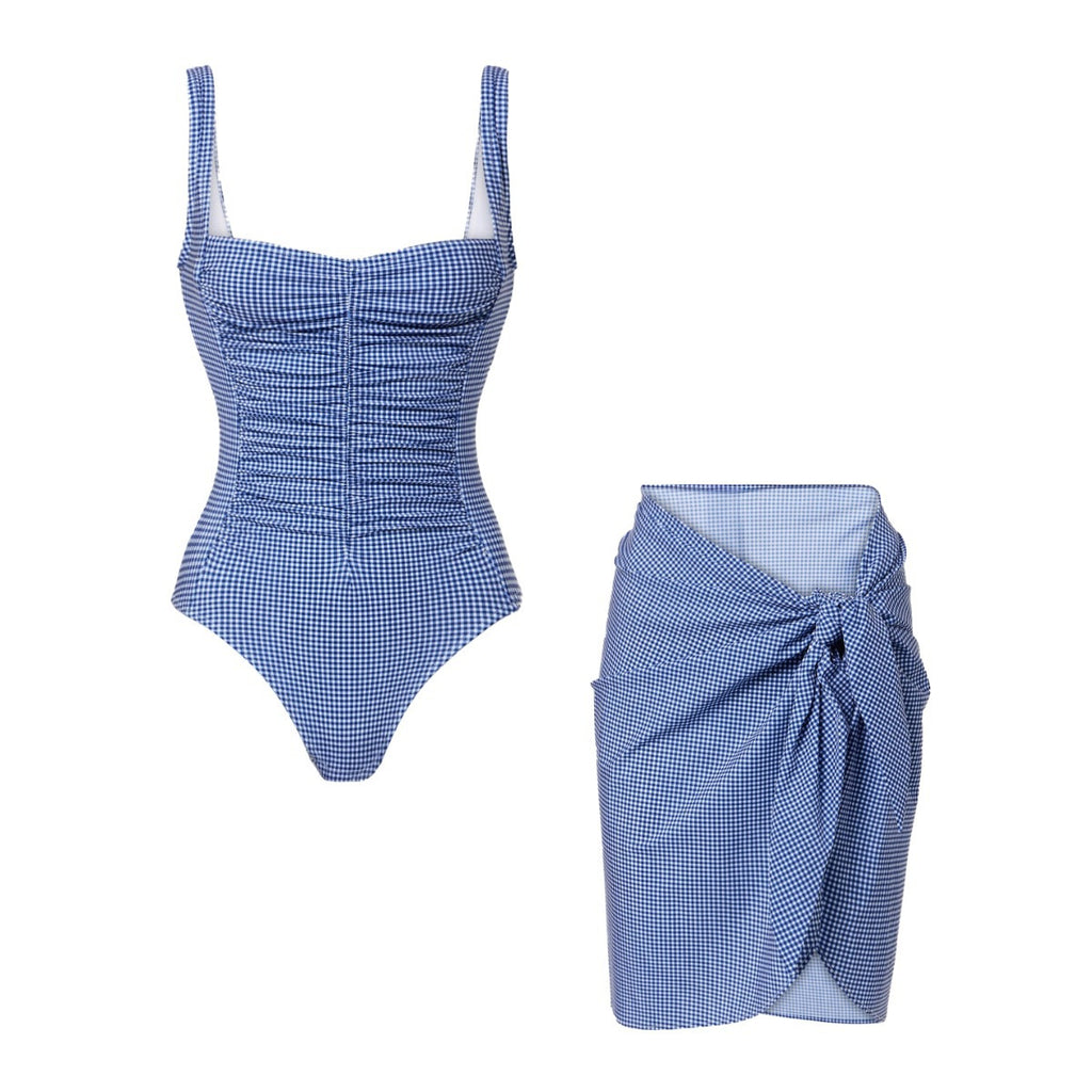 Women's Blue Plaid Square-Neck Swimsuit Set