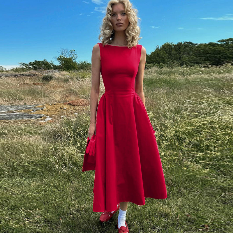 Sleeveless Waist-Defined Backless Dress