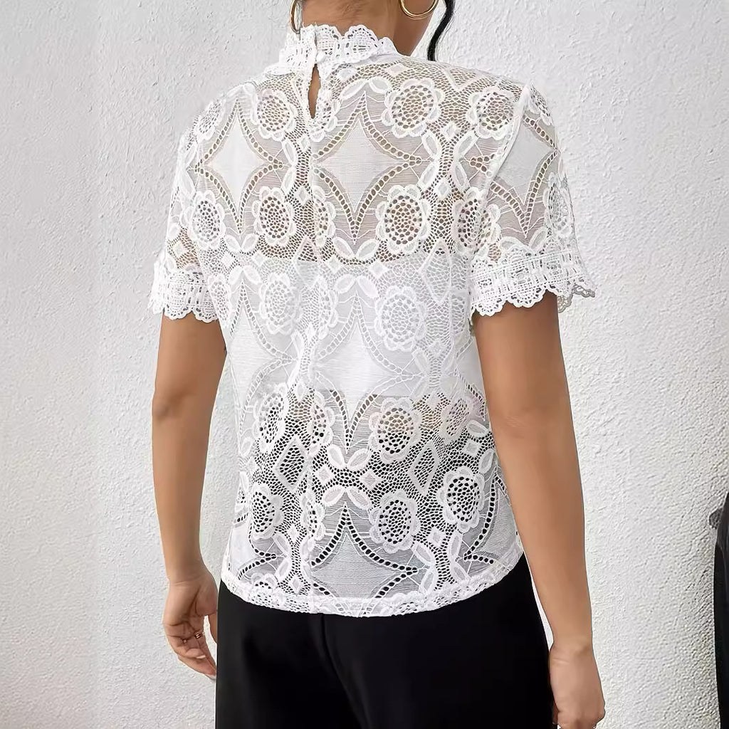 Women's Elegant Solid Color Small Stand Collar Lace Stitching Lace Short Sleeve T Shirt Top Women Clothing