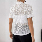 Women's Elegant Solid Color Small Stand Collar Lace Stitching Lace Short Sleeve T Shirt Top Women Clothing