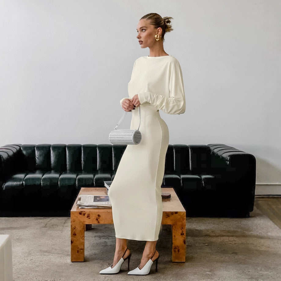 Crew-Neck Backless Cutout Long-Sleeve Bodycon Maxi Dress