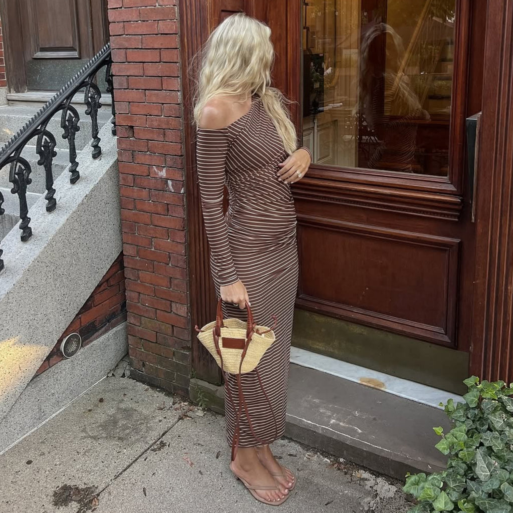 Women's Striped One-Shoulder Midi Dress