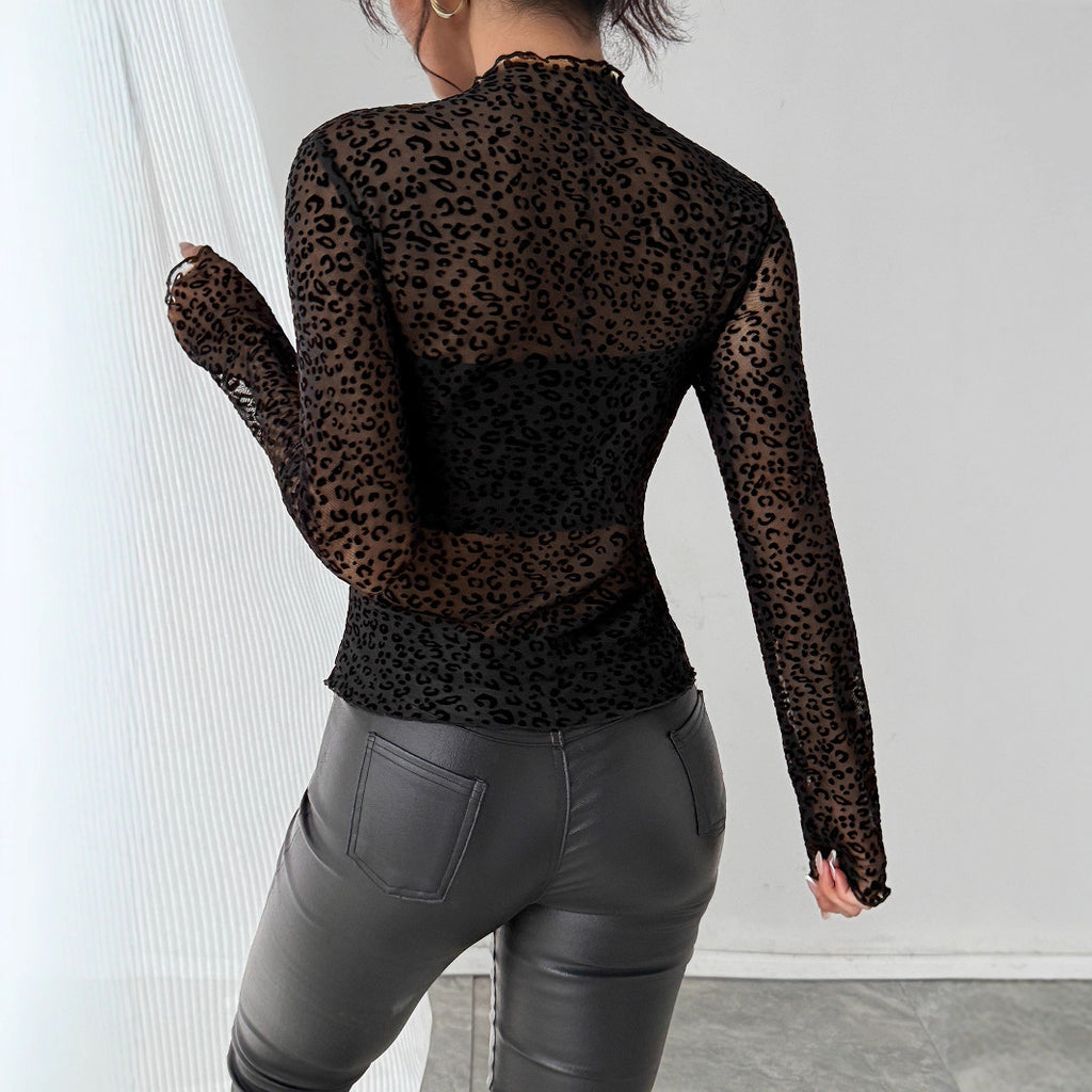 Women's Autumn Winter Wooden Ear Slim Fit Slimming Long Sleeves Mesh Base All Matching Top