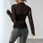 Women's Autumn Winter Wooden Ear Slim Fit Slimming Long Sleeves Mesh Base All Matching Top