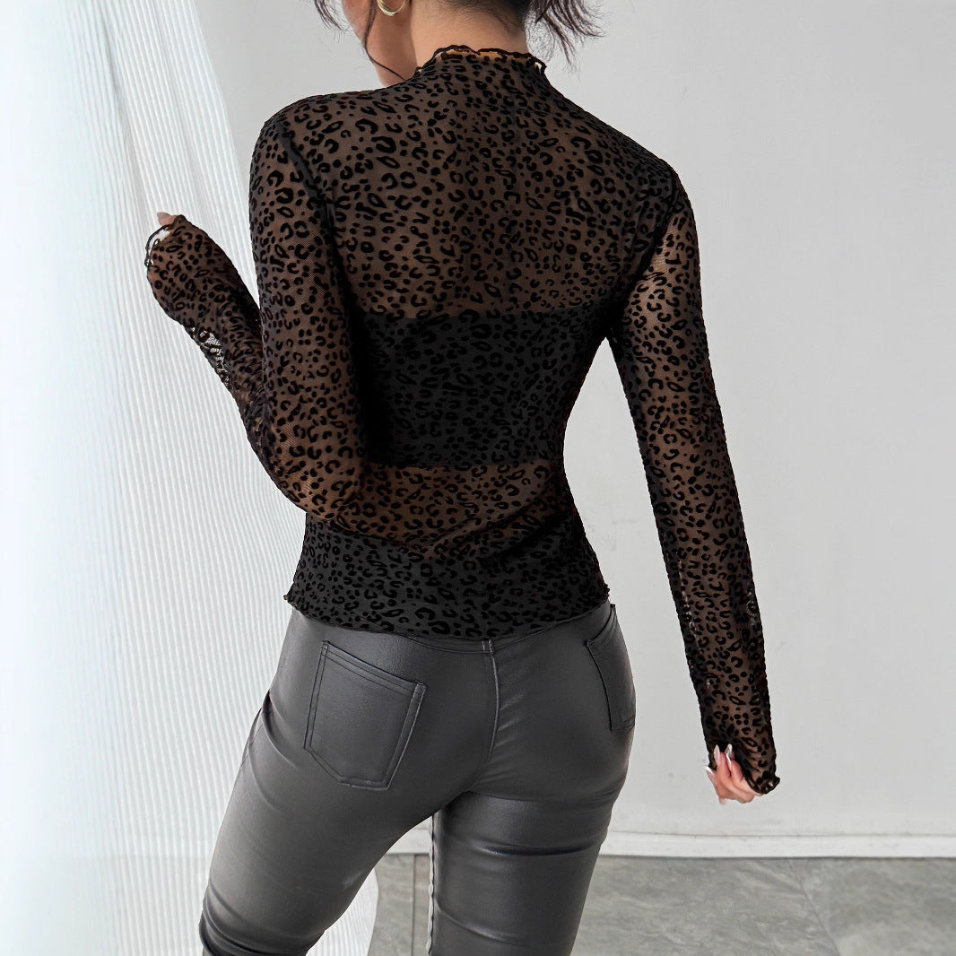 Women's Autumn Winter Wooden Ear Slim Fit Slimming Long Sleeves Mesh Base All Matching Top