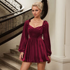 Women's Women French Classic Casual Wine Red Dress Autumn Winter High Waist Korean Velvet Midi Dress