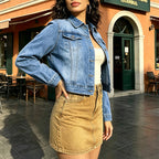 Light Blue Washed Denim Jacket Women Short Spring Autumn Denim Jacket Long Sleeve Top