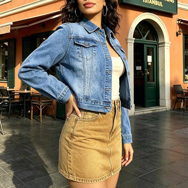 Light Blue Washed Denim Jacket Women Short Spring Autumn Denim Jacket Long Sleeve Top