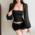 Summer Women Clothes Solid Color Sexy Mesh Semi See through Long Sleeve Square Neck Slim Top Women