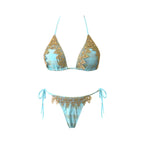Plaid triangle bikini top and high-cut bottoms with gold-trimmed lace accents