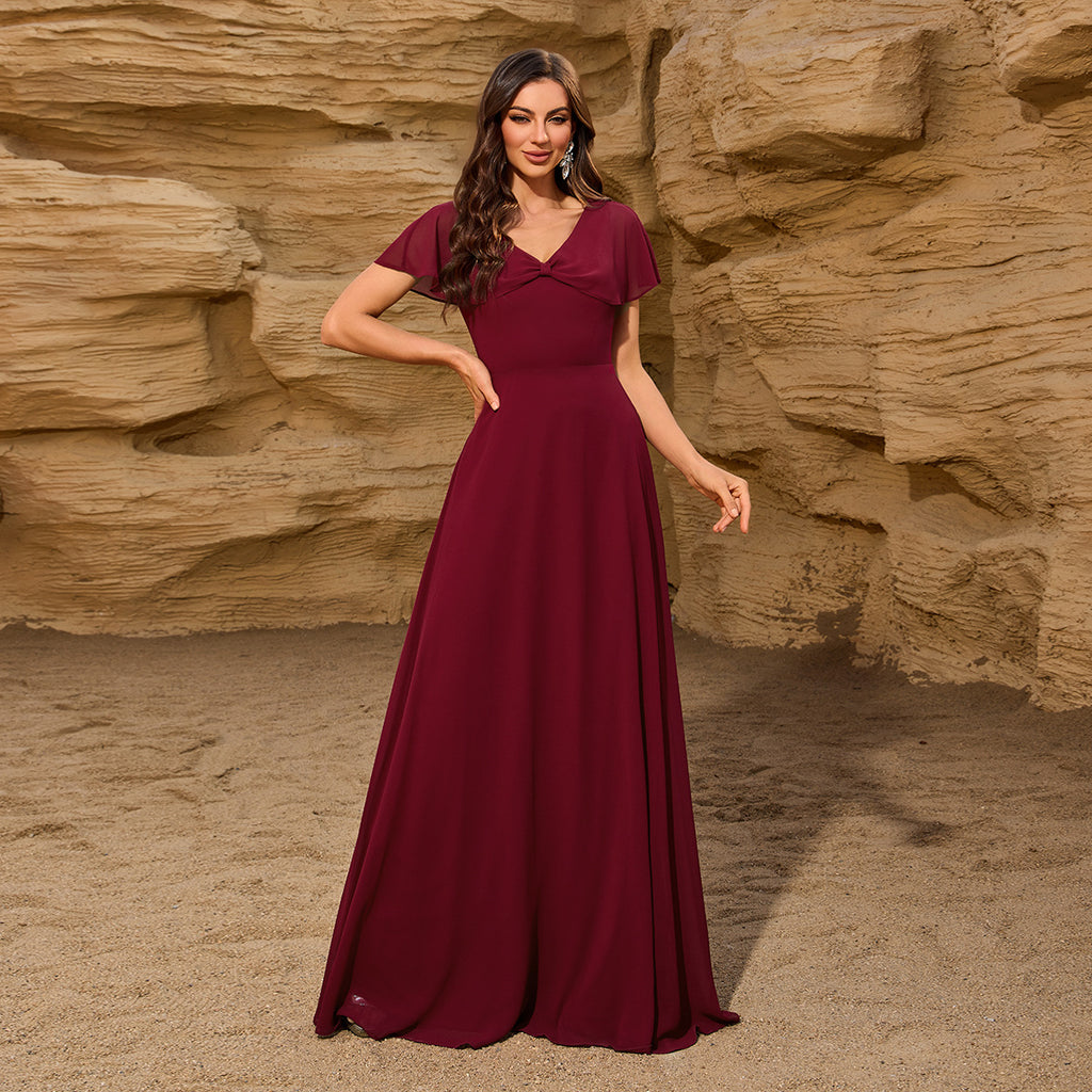 Women's Chiffon V neck Bowknot Shawl Back Zip A-Line Lined Elegant Dress