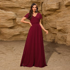 Women's Chiffon V neck Bowknot Shawl Back Zip A-Line Lined Elegant Dress