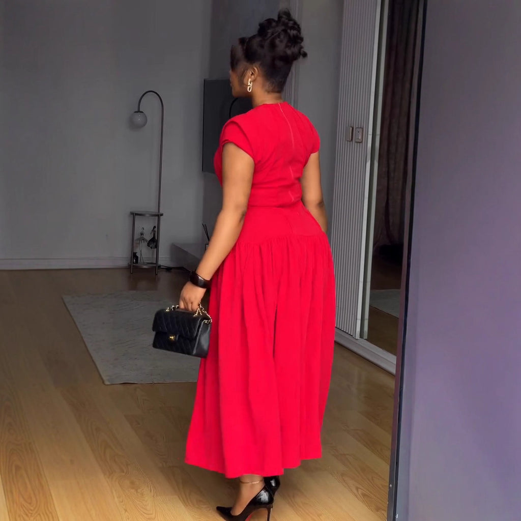 Ruched Short-Sleeve A-Line Maxi Dress